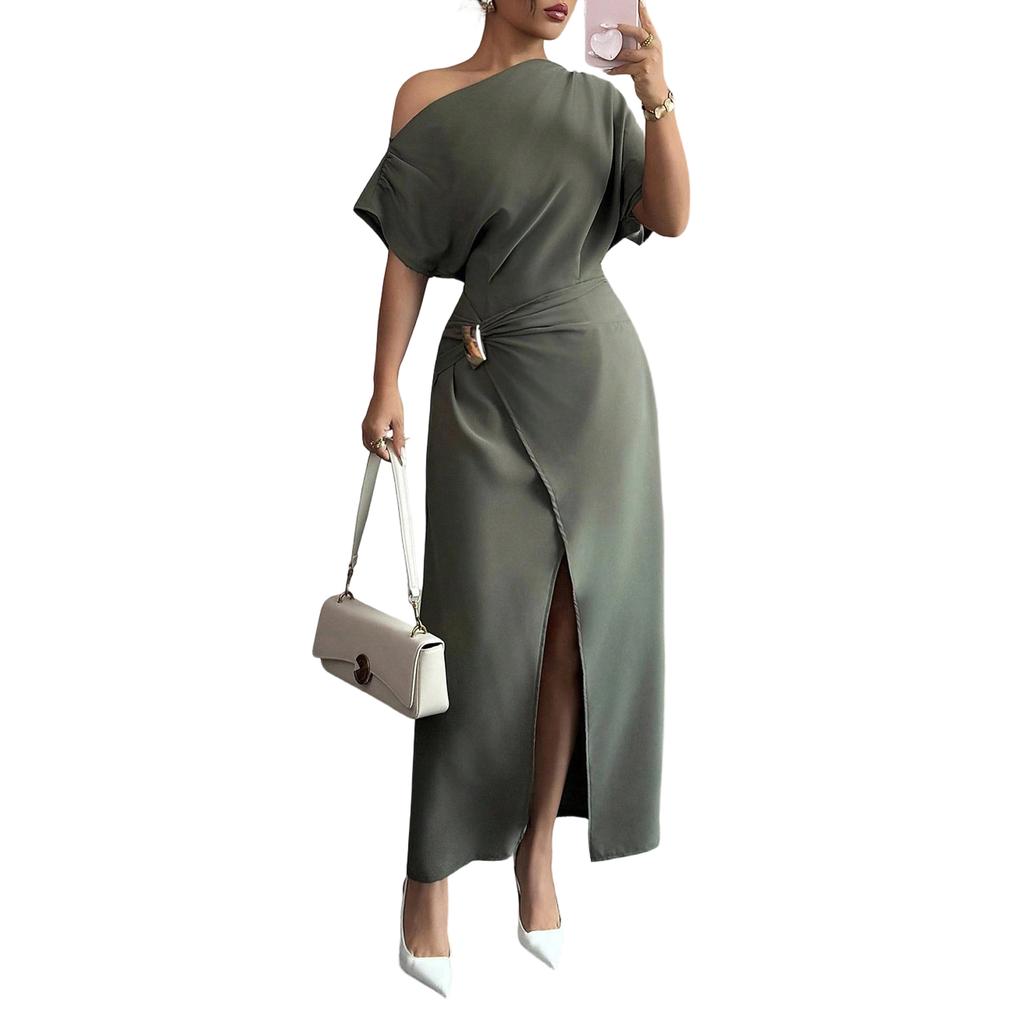 Women's Summer Fashion Color Off Shoulder Split Elegant Slimming Hip Hugging Dress