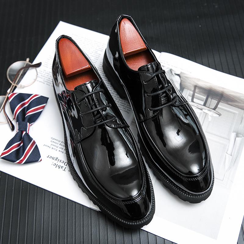 Casual leather shoes high-end thick sole inner height increase glossy retro pointed British style hair stylist