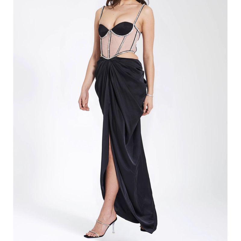 

French style High Cold Diamond Decorations Shiny Sexy Waist-Exposed Design Pleat Irregular Slit Long Legs Party Dress Black X L