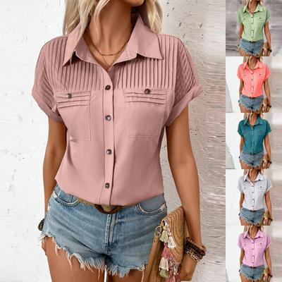 Hauts à Manches Courtes avec Revers et Poches de Couleur Unie pour Femmes, Chemise Boutonnée, T-Shirt