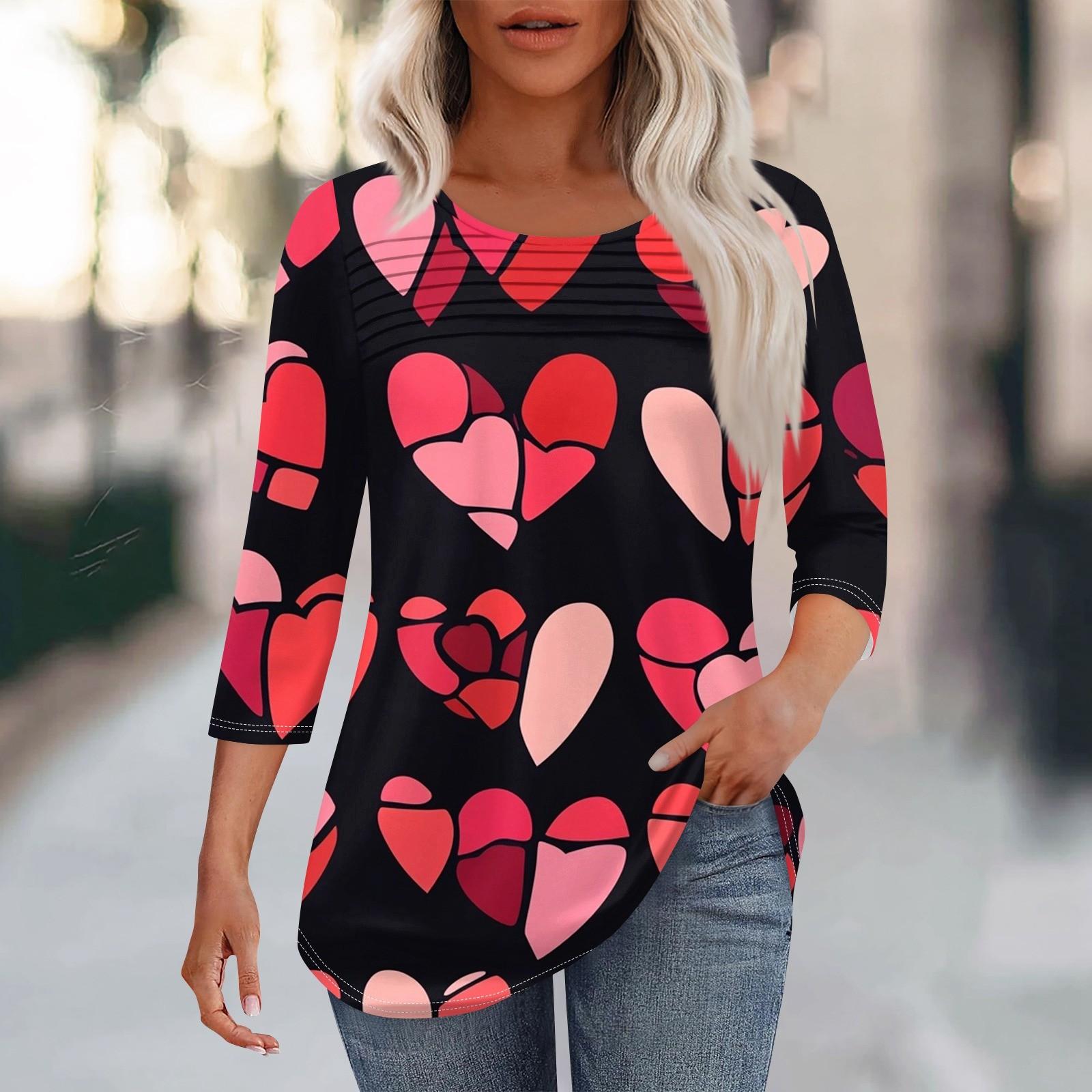 

Женская мода круглый вырез шея плиссированный спереди с принтом ко Дню святого Валентина рукав три четверти XXL