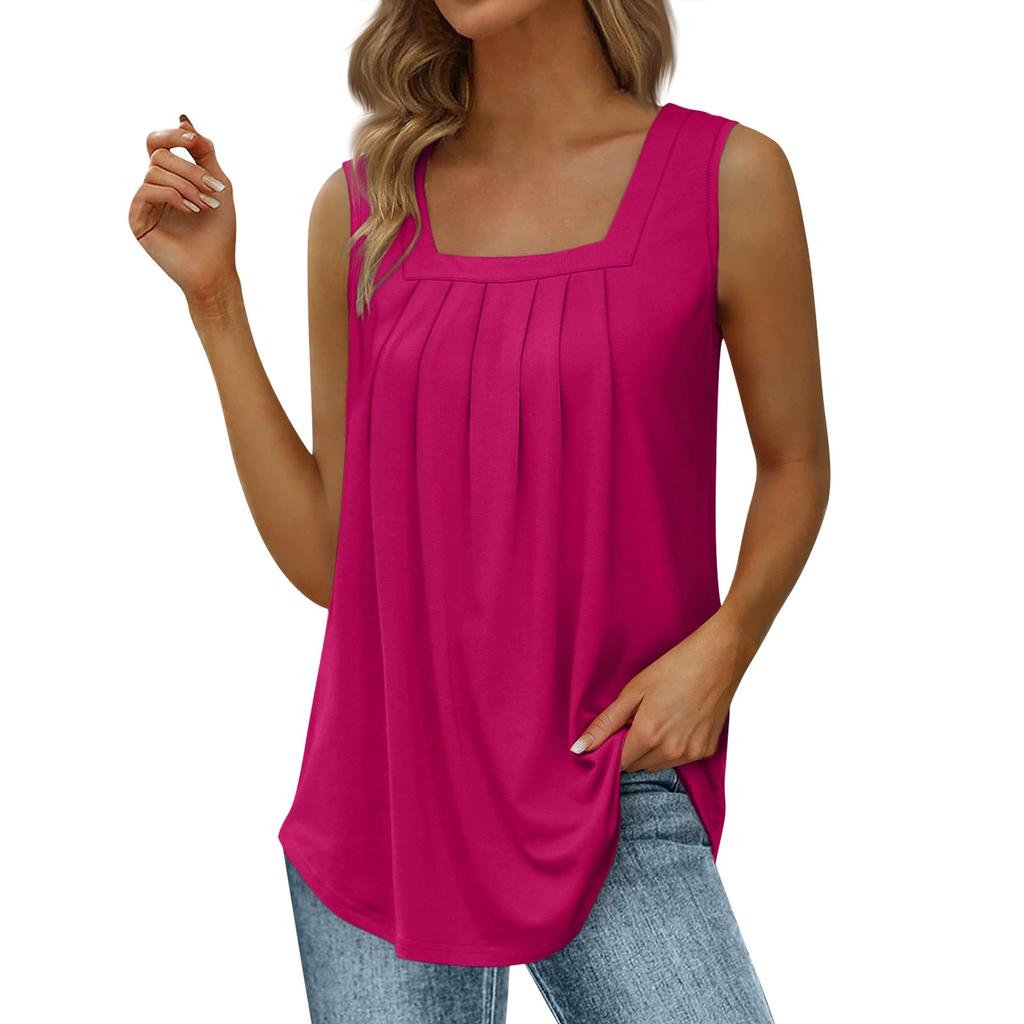 Women's Fashion Sexy Pleated Square Neck Color Sleeveless Vest Top