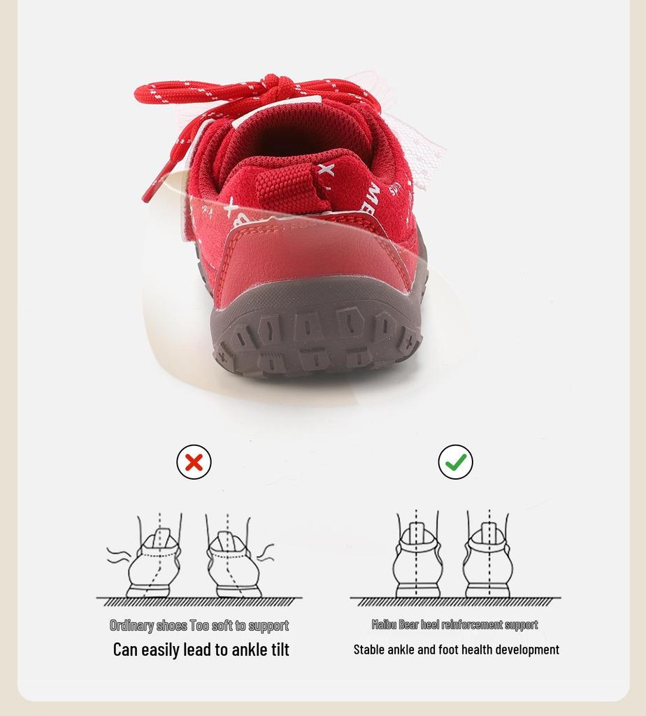 Spring 2026 Girls’ Soft Sole Walker Shoes - Non-Slip, Closed-Toe with Bow Detail