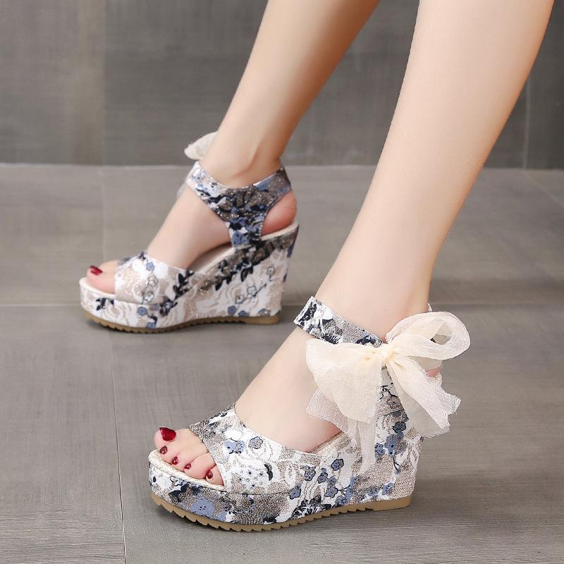 Fashion Women's Floral Print Sandals Mesh Bowknot Decor Wedge Strappy Open-toed Sandal Heels Platform Shoes Ankle-strap Dress Sandales
