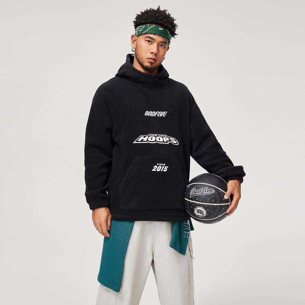 Li Ning Badfive Comfortable Casual Hooded Pullover Loose Fleece Letter Print Simple Sweatshirt Men sweatshirt Black AFDU495-1