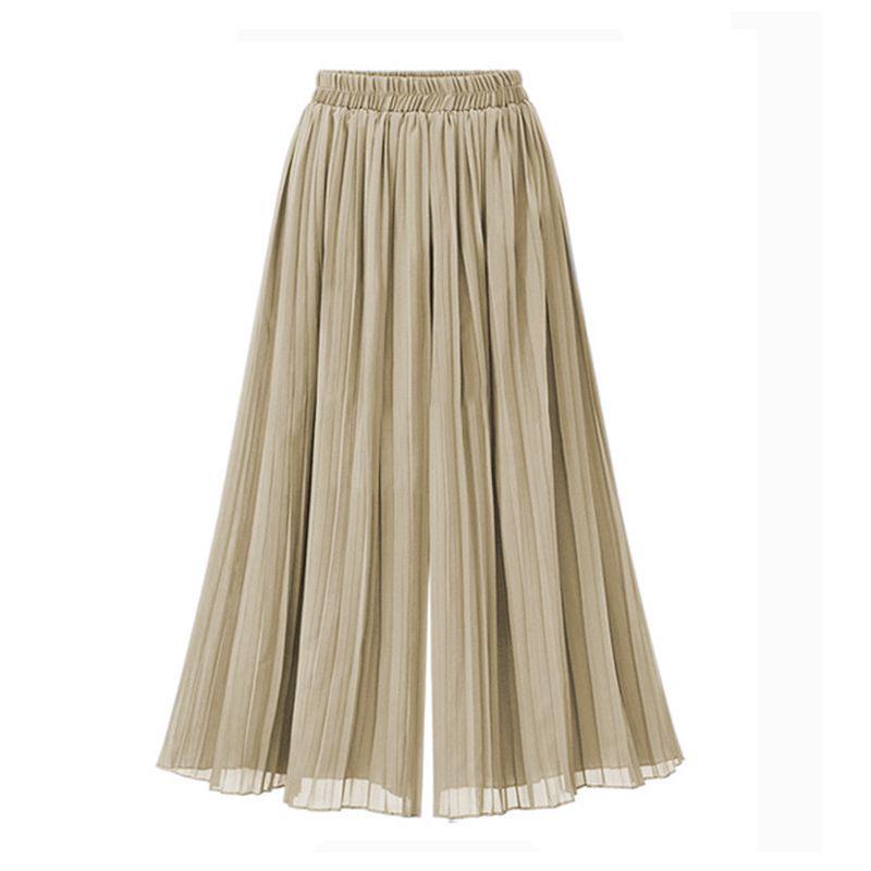 Chiffon Wide-Leg Pleated High-Waist Slimming Loose Fit Nine-Point Skirt Pants for Women