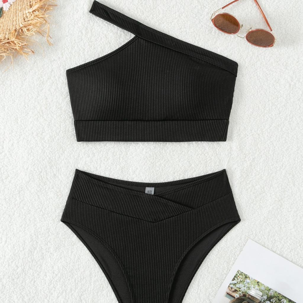 2026 New Style Solid Ribbed One Shoulder High Waist Sexy Bikini Swimsuit Stylish Comfortable For Summer Beach Holiday