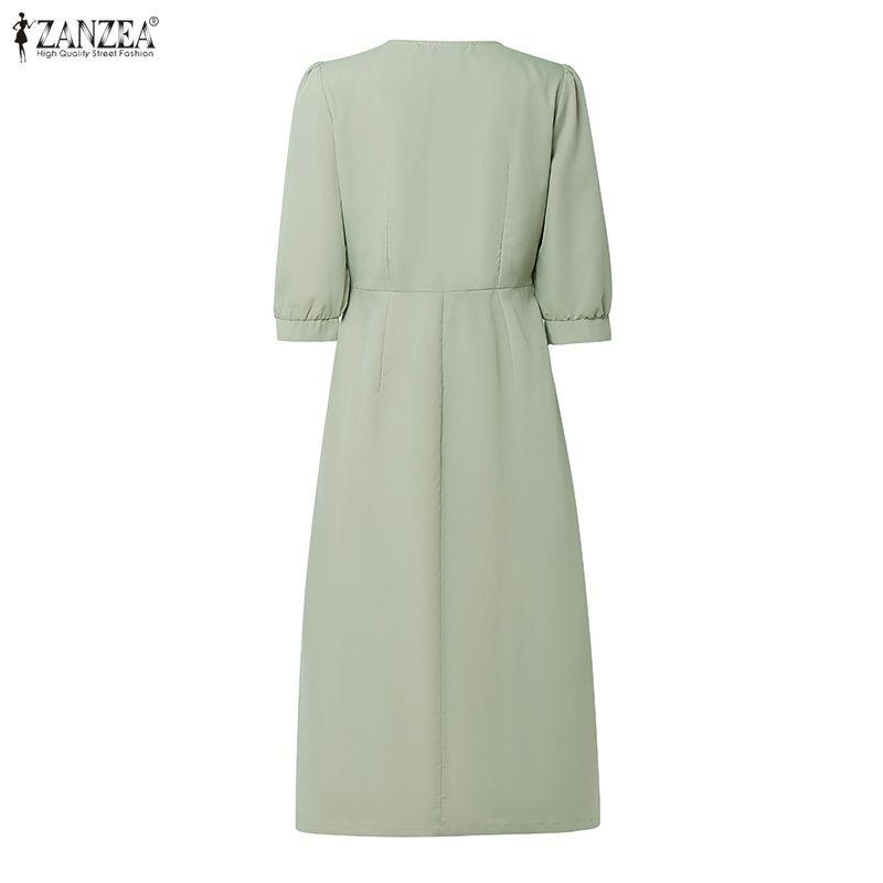 ZANZEA Women Casual V-Neck Solid Color Six Quarter Sleeve Loose Midi Dress