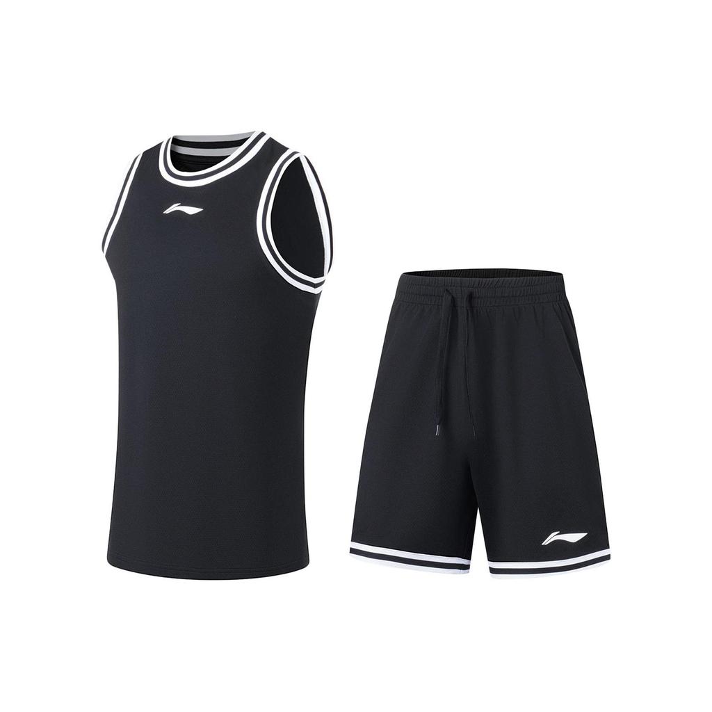 Li Ning Sports Basketball Series Logo Print Sweat-Wicking Comfortable Split Basketball Set Men Sportswear Black White AATT001-6