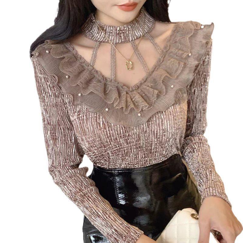 Womens Lacetrim Mock Neck Top With Embellishments For Office Wear