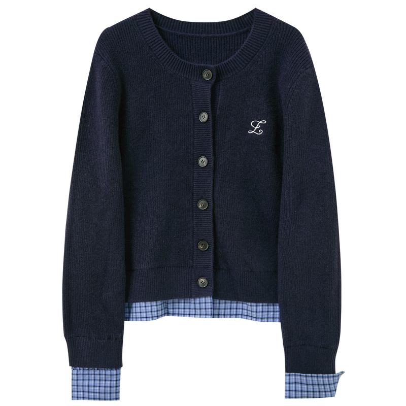 Sancai Plaid Faux Two-Piece Cardigan Sweater M