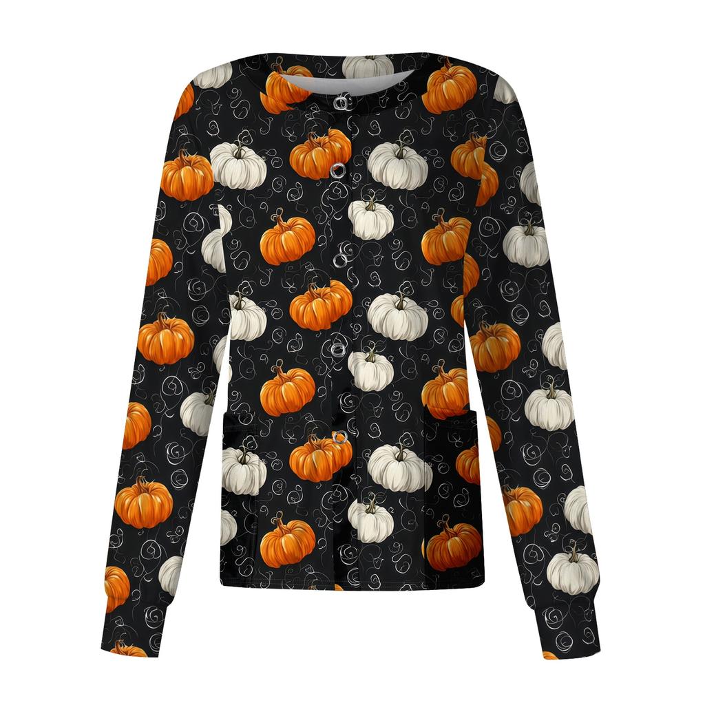 Women's Casual Long Sleeve Button Up Cardigan Halloween Print Lightweight Pullover Sweater for Caregivers and Everyday Wear