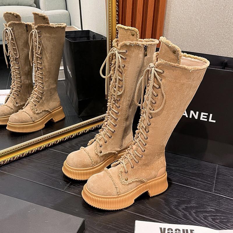 Vintage cross flower embroidery strap thick-soled high boots heightening knight boots women's heightening wheat suede boots