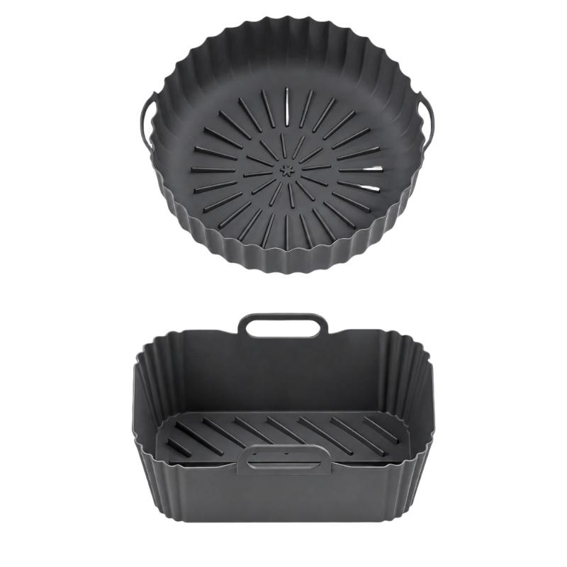 Round and Square Cooking Basket Trays in Reusable Silicone with Grip Handle Design and Crumb Collecting Base Pair