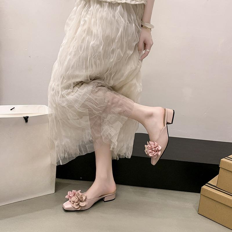 Flower High Heeled Sandals Designer Women Slippers Mules Shoes Elegant Square Toe Summer 2026 Dress Pumps Trend Chunky Mujer