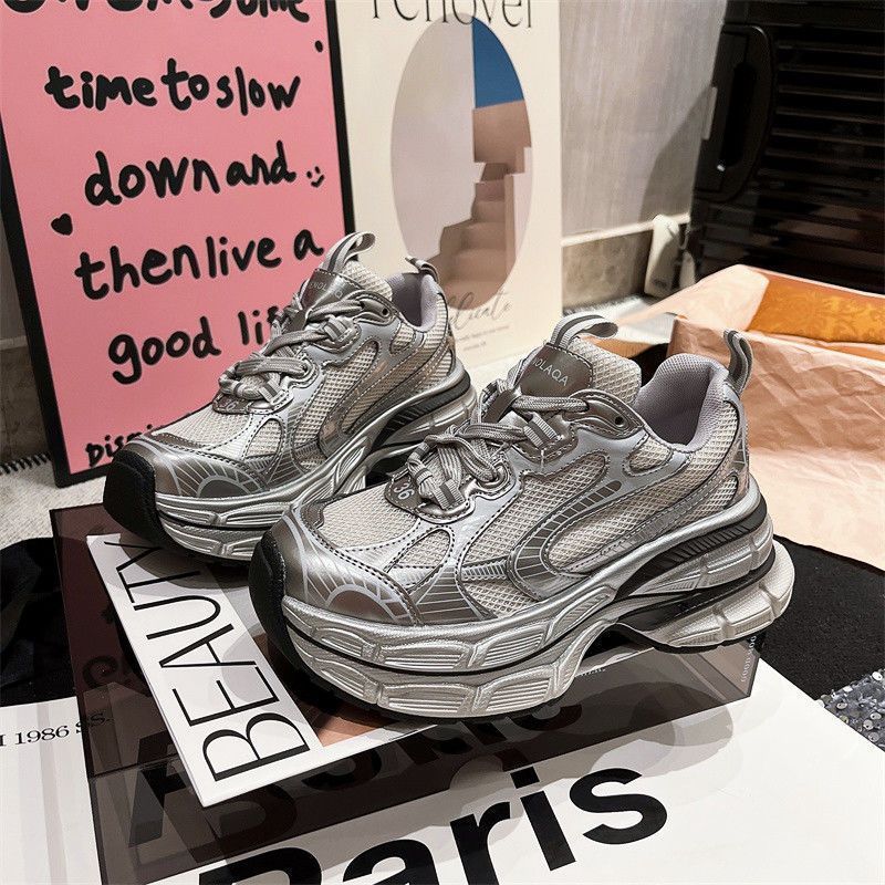 

2025 Summer New Women s Double Layer Silver Platform Dad Shoes Chunky Sole Casual Athletic Heightening Sneakers 40 срібний