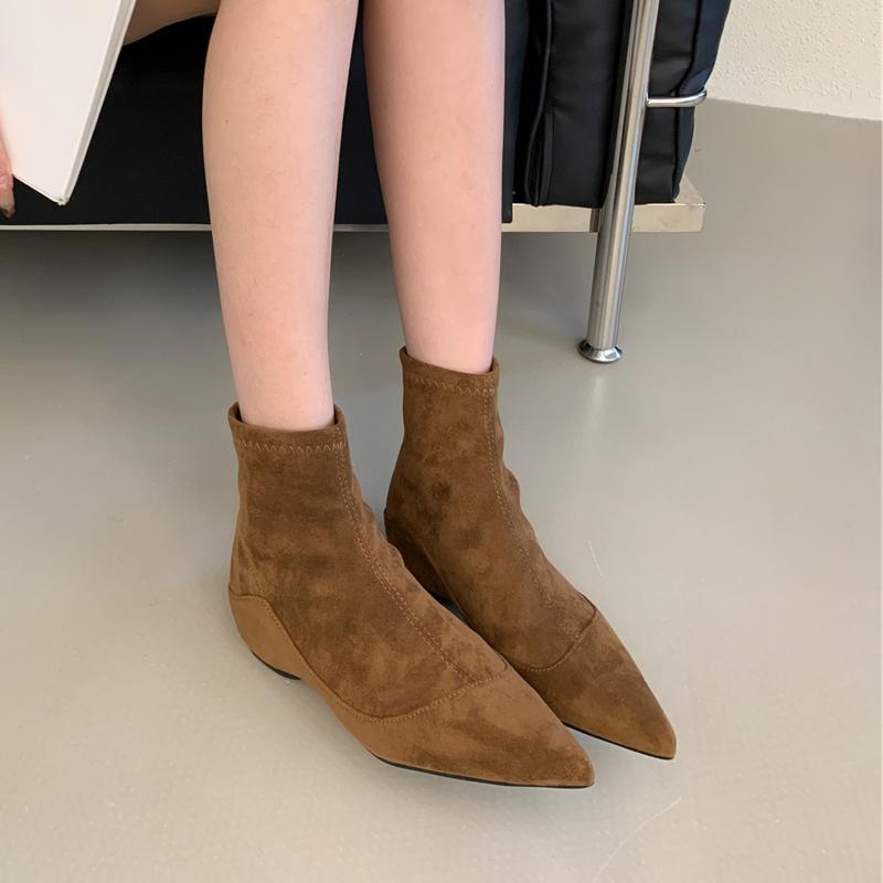 Fashion SUOJIALUN 2025 New Brand Women Ankle Boots Fashion Pointed Toe Ladies Slides Zipper Ladies Elegant Short Boots Low Wedge Heel Sh