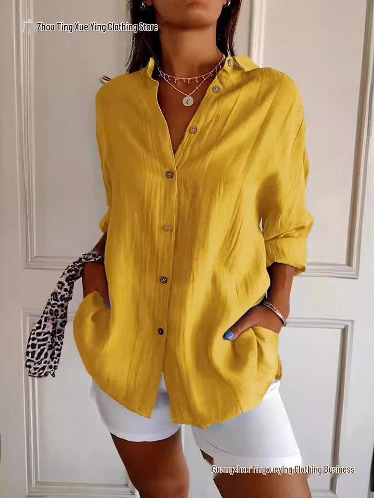 Women's Solid Color Single-Breasted Pleated Lapel Shirt with Roll-Up Sleeves - European & American Style