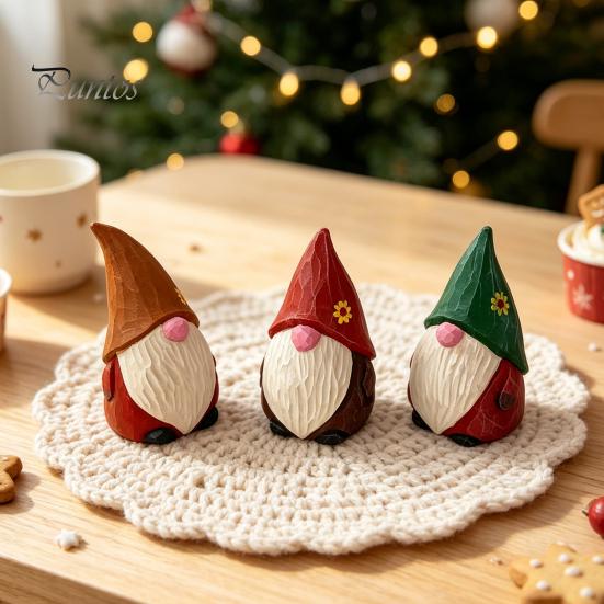Wood Gnome Sculpture Carved Figurine, Farmhouse Rustic Faceless Dwarf Statue, Handmade Ornament Mini for Christmas Party Decoration Shelf Decor