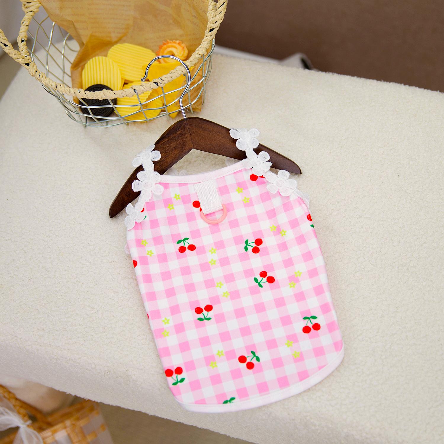 

Spring and summer thin dog clothes cute cherry lace breathable vest suspenders small and medium dog spring pet clothes 2XL (13-9 kg)