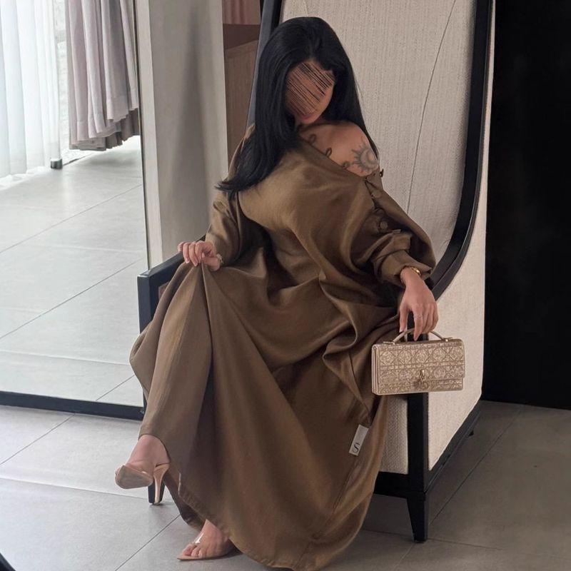 2025 Spring/Summer New European and American Style Vintage Elegant Buttoned Kaftan Dress Gown Brown S