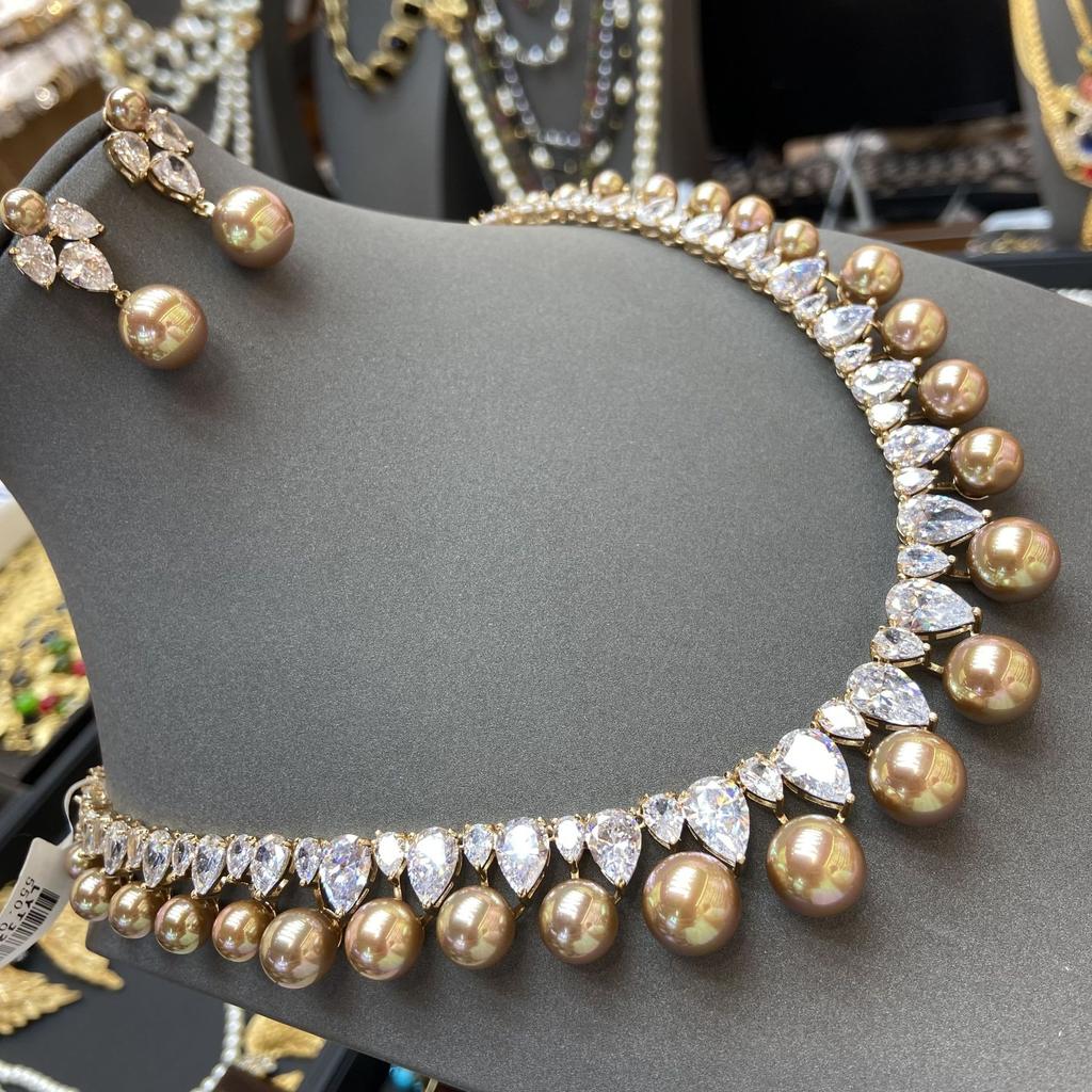 Luxury Accessories Brown Water Drop Zircon Earrings Necklace Set High-End Dinner Bridal Wedding Jewelry