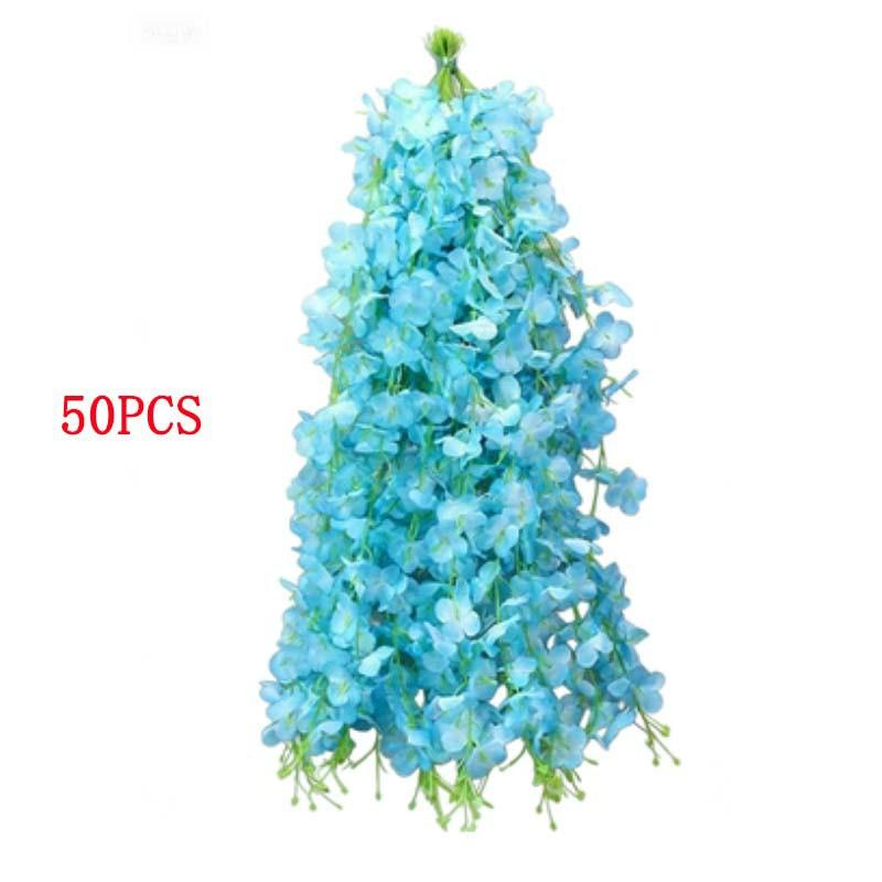 50Pcs Blue Artificial Wisteria Hanging Flower Garland Silk Flower Vine for Wedding Party Home Garden Flower Wall Decor