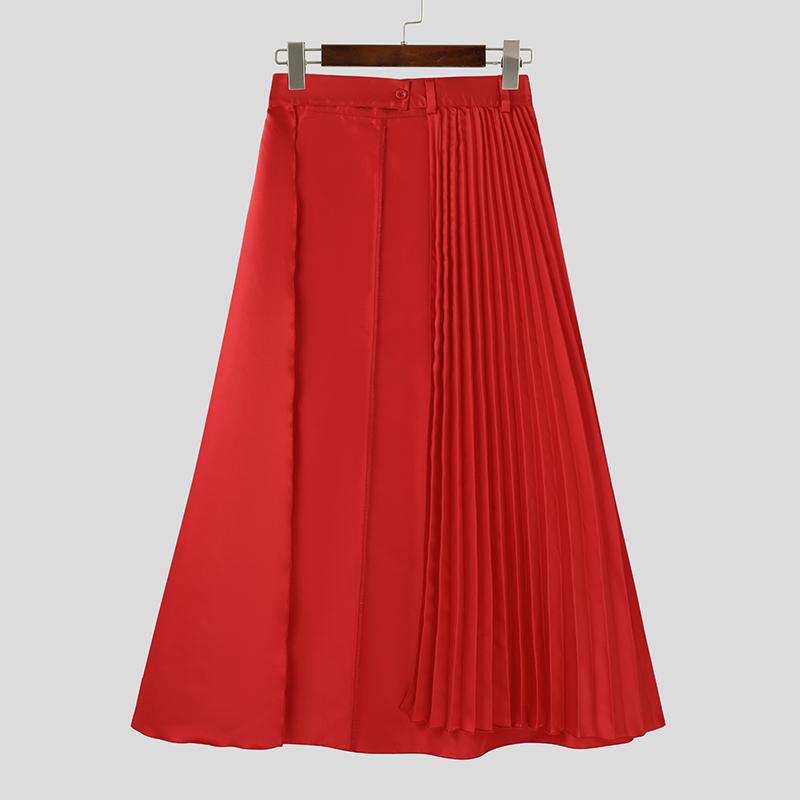 INCERUN Heren Hoge Taille Knoop Taille Lange Rokken Geplisseerd Casual Splits Swing Kilt 5XL rood