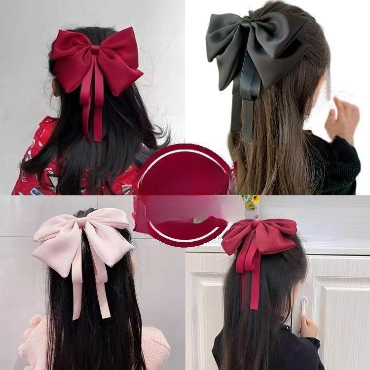 Barrette à cheveux grand nœud pour enfants Style princesse Satin Ruban Rouge Vin Barrette à cheveux Arrière de la tête avec un bandeau Un accessoire pour cheveux féminin