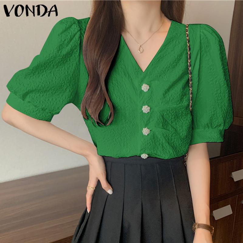 

Летние женские топы VONDA с ​​v-образным вырезом и пуговицами, однотонные, повседневные, свободные, с рукавами-фонариками, большие размеры, топы