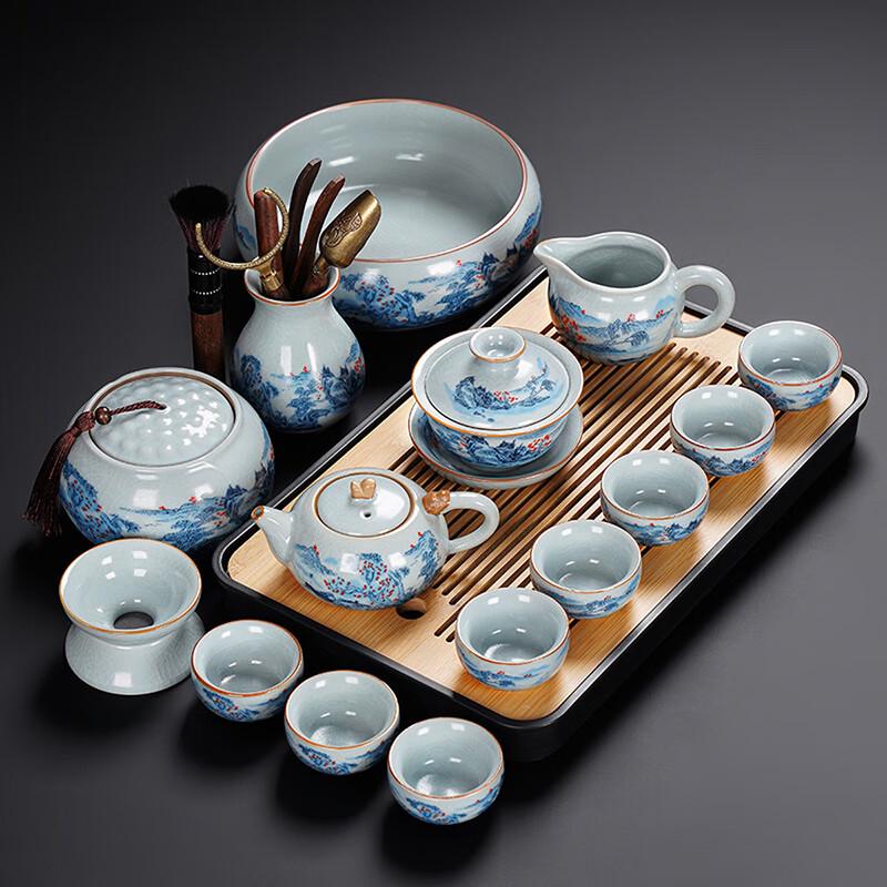 Lenuo Celadon Ru Ware 15-Piece Tea Set with Tray