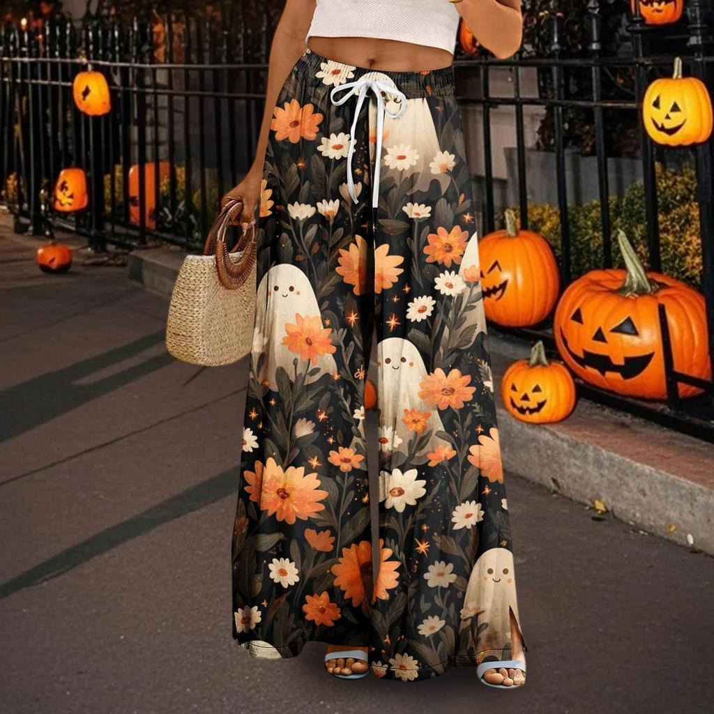 Women's Casual Wide Leg Pants Stretch Belt Pocket  Print Adjustable Tie Pants