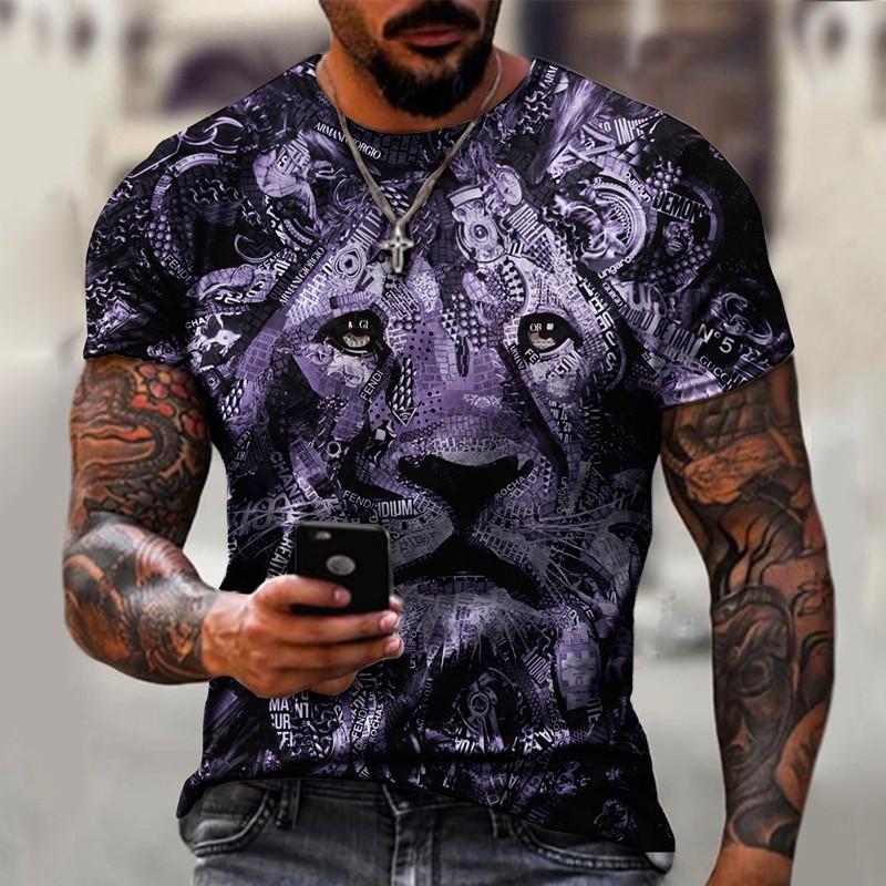 2021 New Men's Casual 3D Lion Print Slim-fit Pullover Men's T-shirt Men's Fashion Casual Short Sleeve T-shirt Men's Top