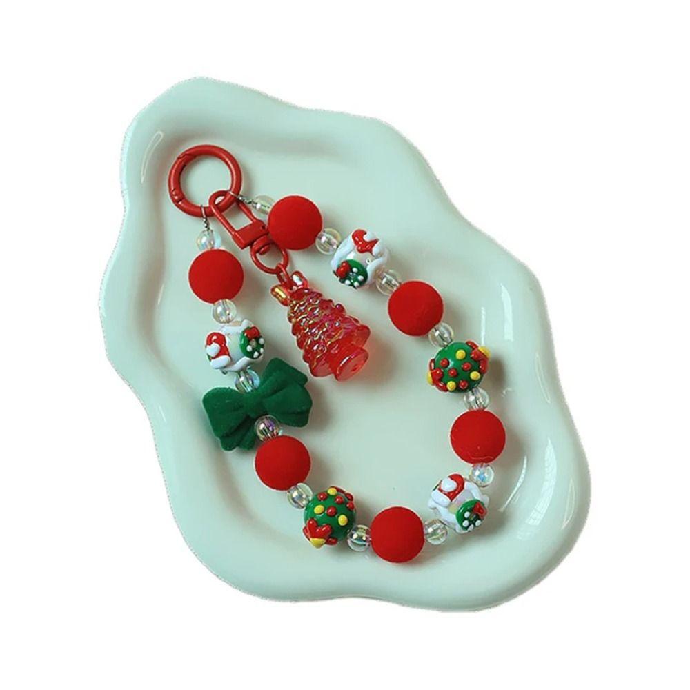 Flocked Bowknot Plush Beads Keychain Christmas Tree Beaded Cell Phone Lanyard  Christmas