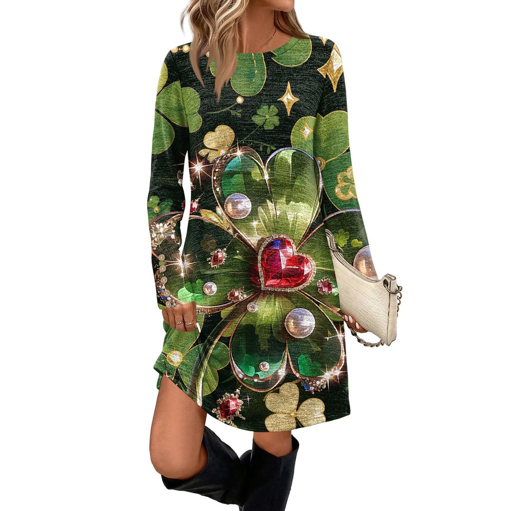 Women's Fashionable Round Neck Long Sleeved St. Patrick's Day Printed Pocket Button Casual Dress