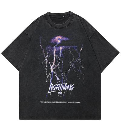 T-shirt unisex grafica fulmine streetwear T-shirt nera lavata in cotone T-shirt unisex T-shirt estiva a maniche corte