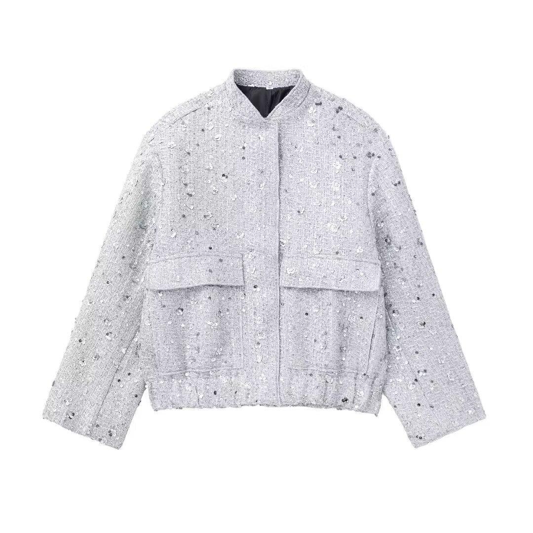 

Блестящая женская куртка с пайетками, осенне-зимняя, с длинным рукавом, однотонная, однобортная, свободная, женская куртка, шикарная куртка с карманами L серебряный