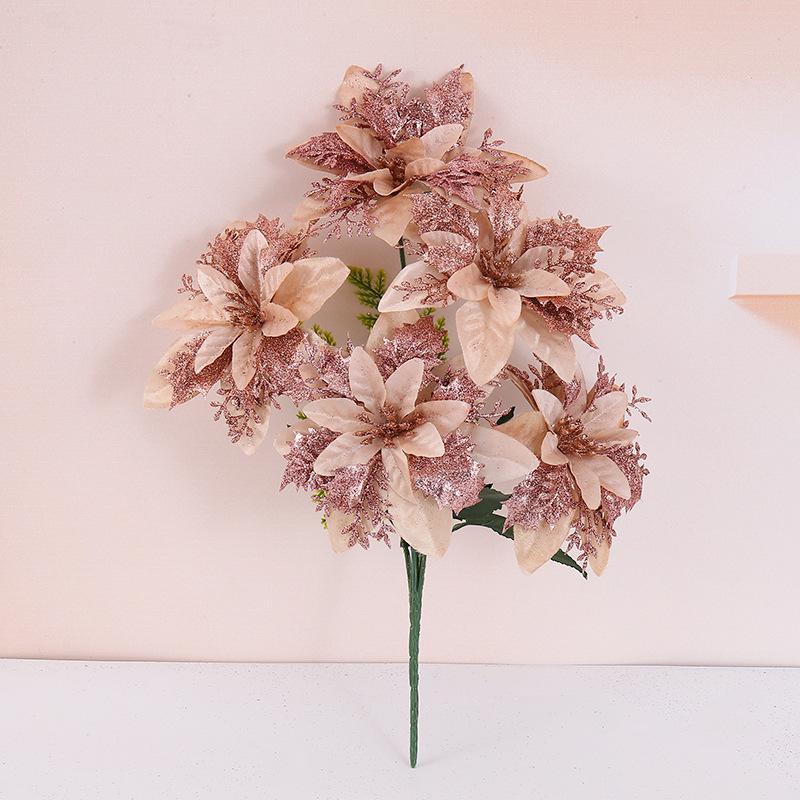 Cross-border Christmas 5-Fork Velvet Artificial Flower Bouquet - Green Plant Bonsai Christmas Decoration