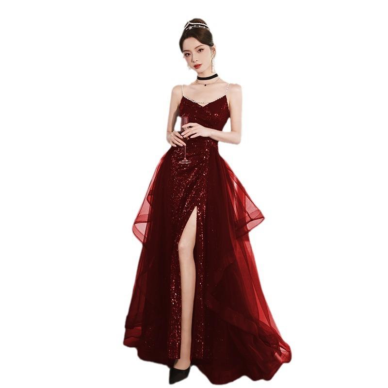 Red evening dress skirt new feeling banquet wedding toast dress bride light luxury niche sequined banquet dress
