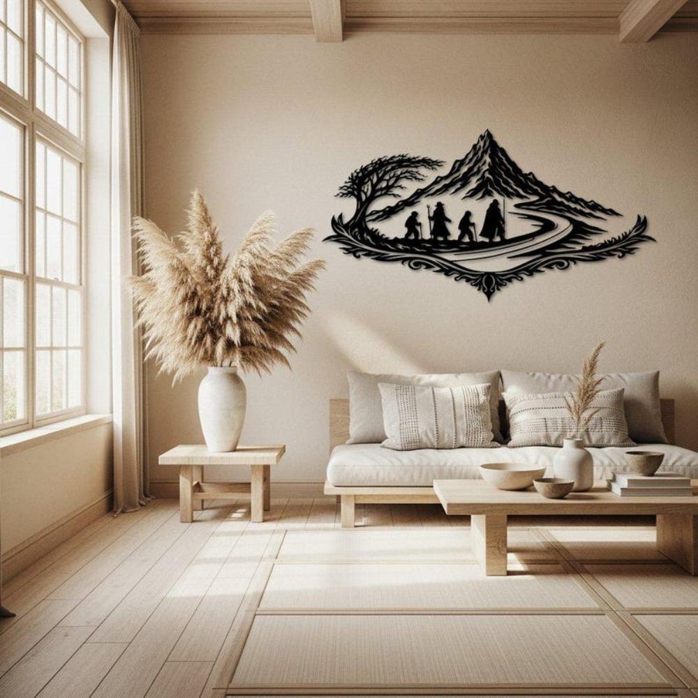 Metall-Wandkunst, Abenteuer-Bergpfad-Dekor, Fantasy-Silhouette, Hütte Mannhöhle Heimdekoration