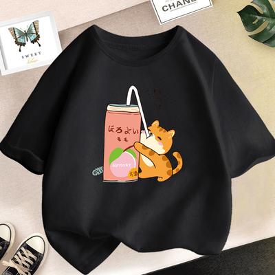 Cute Cat Drinking Milk Tea Kawaii Clothes Tops Harajuku Funny Cartoon Short Sleeve T-shirt