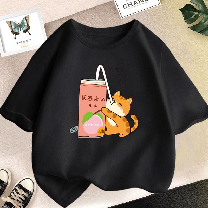 Cotton 100% Cute Cat Drinking Milk Tea Kawaii Clothes Tops Harajuku Funny Cartoon Short Sleeve T-shirt