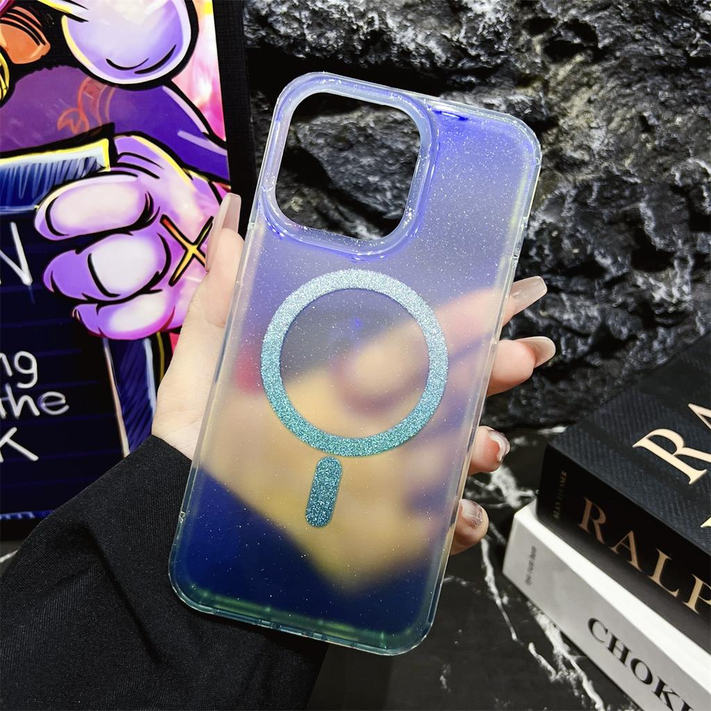 The IPhone16 Dual-color Gradient Blue Light Glitter Magnetic Attraction Is Suitable for Apple 14/15 Pro Max Phone Cases
