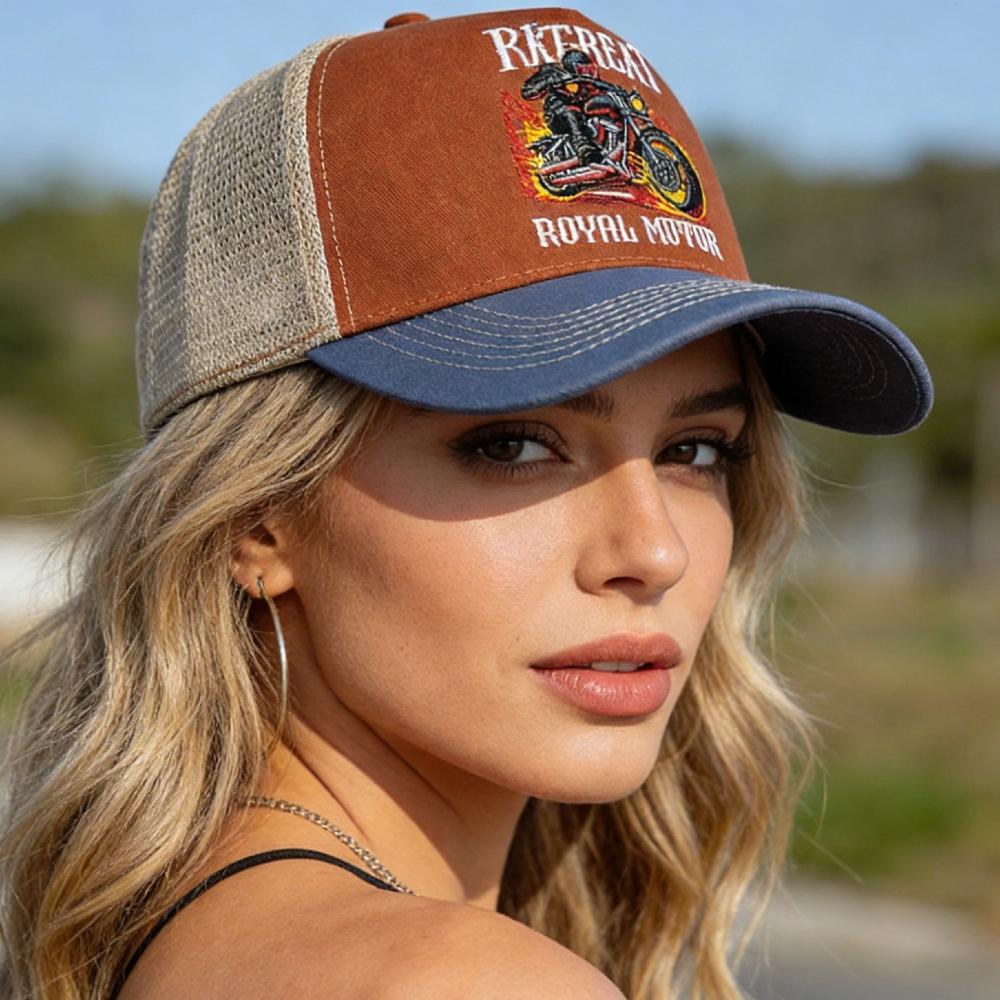 New Motorcycle Embroidered Trucker Hat Flame Biker Patch Baseball Cap For Man Woman Breathable Streetwear Summer Mesh Caps