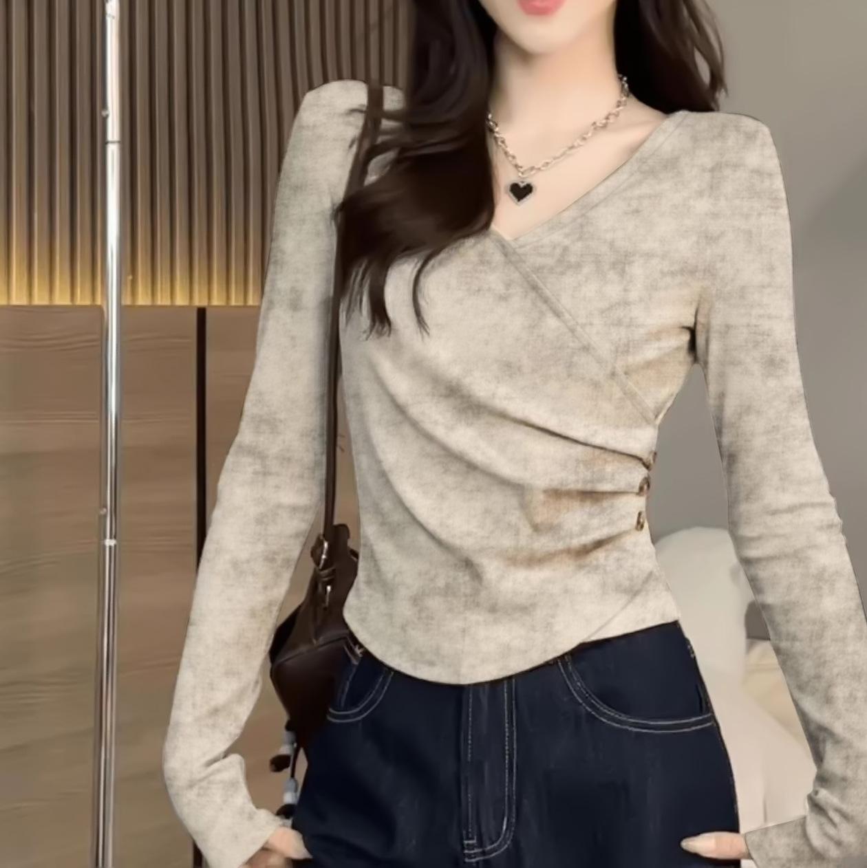 

Women s Irregular Pleated Waist Tie-Dye V-Neck Long-Sleeve Top Small абрикосовый