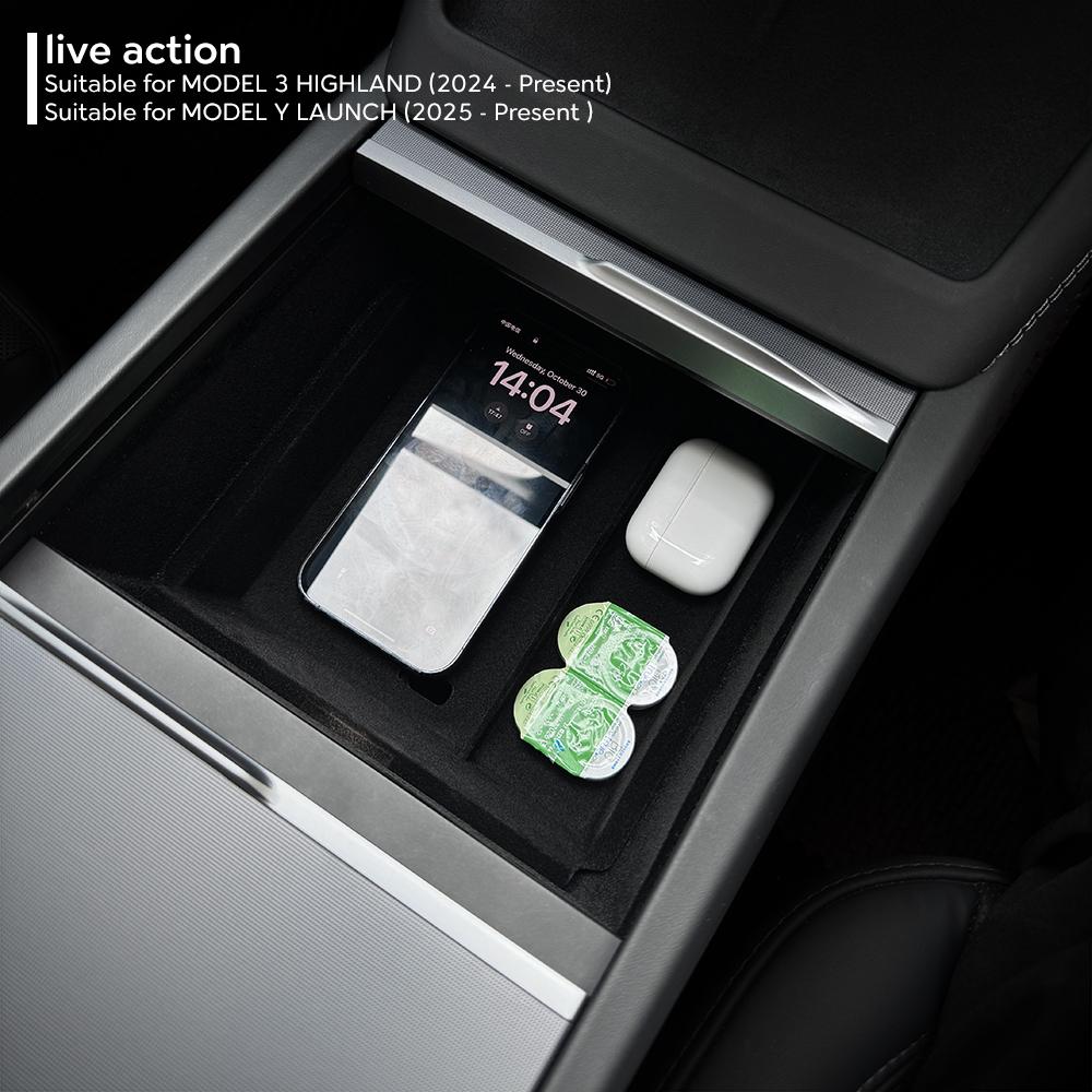 For Tesla New Model Y Juniper 2026 2025 Launch Model 3 Highland 2024 Center Console Armrest Storage Box Upper&Lower Silicone Mat