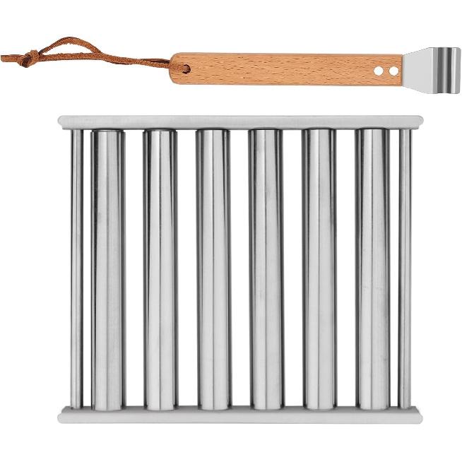 Stainless Steel Hot Dog Roller for Grill + Metal Spatula with Long Wooden Handle, BBQ Hot Dog Rack for Griddle 6 Rollers for Holding 5 Hot Dogs -