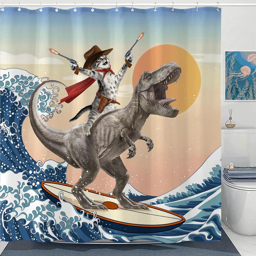 Funny Cat Shower Curtain Set Great Wave Art Style Relaxing Feline Waterproof Bathroom Shower Curtain Japanese Scene Home