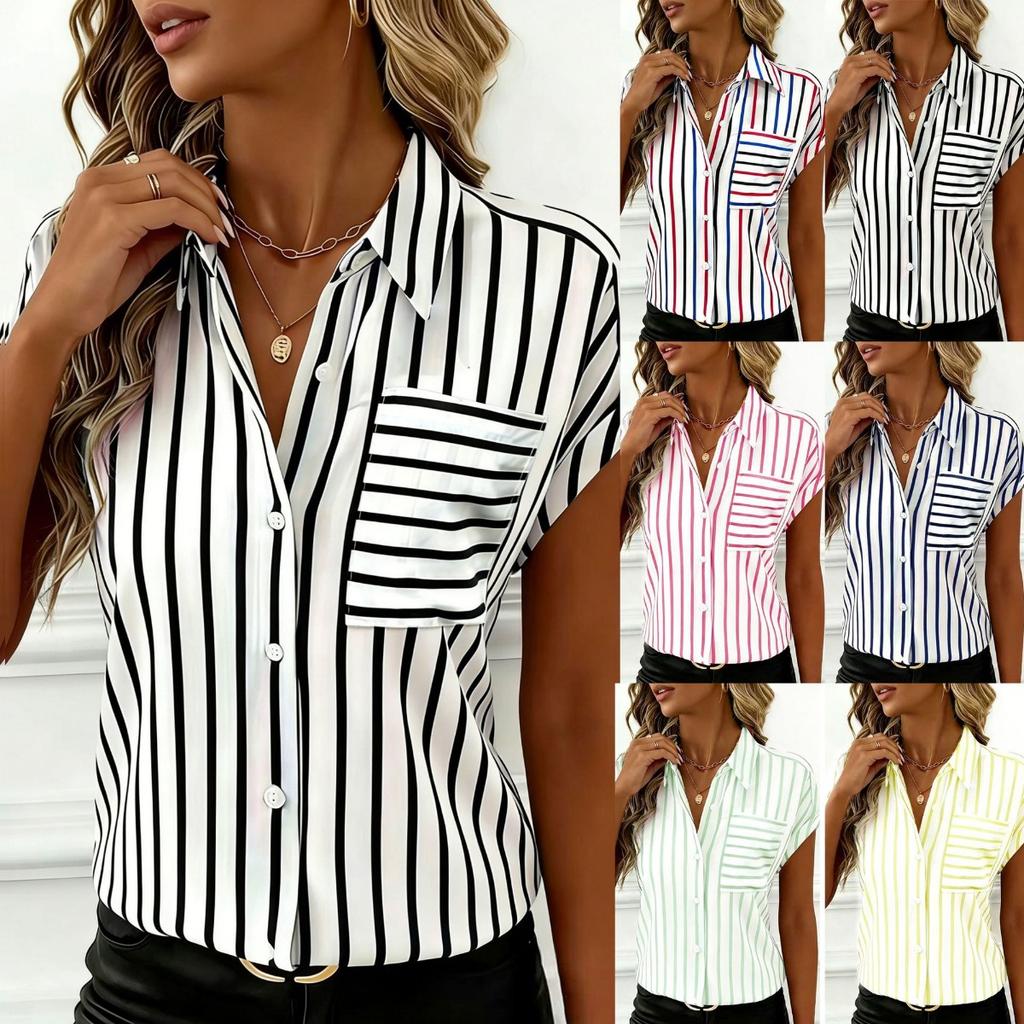 Summer Women's Drop Shoulder Button Striped Pocket Casual Shirt