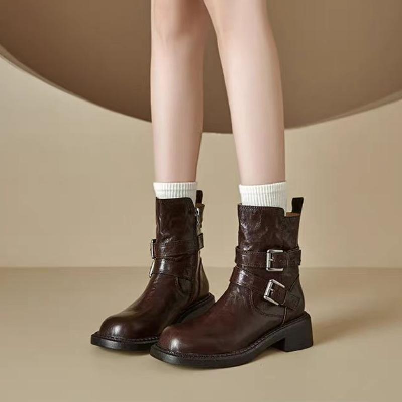 

Fashion 2025 New Women Genuine Ankle Boots Cowboy Boots Round Toe High Heels Boots for Women Slip-on Short Western 40 коричневый